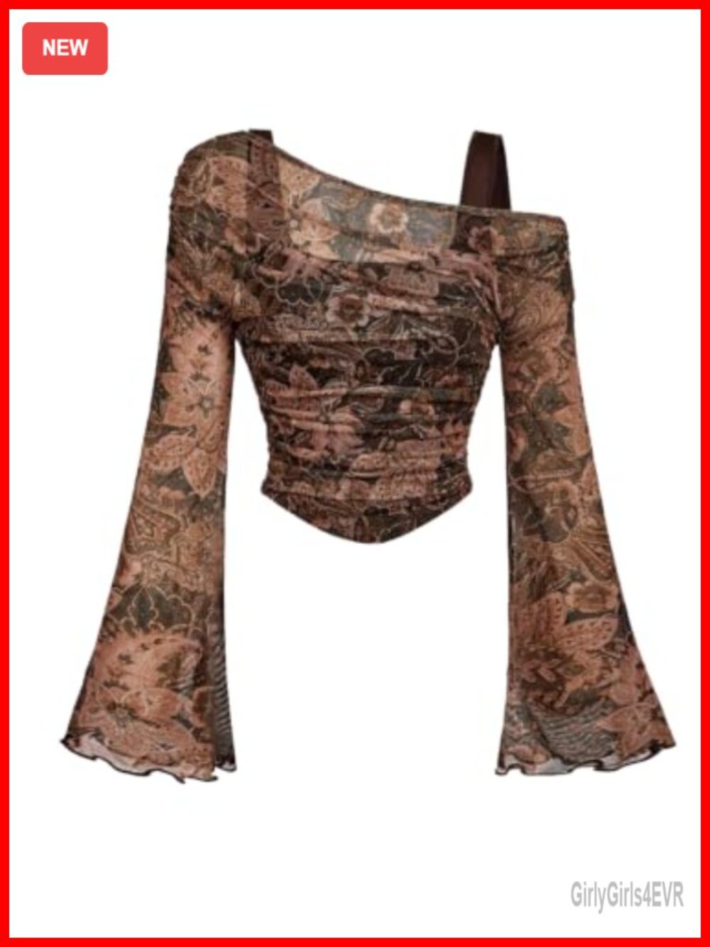Paisley Print Asymmetrical Long Sleeve Off Shoulder Boho Mesh Top